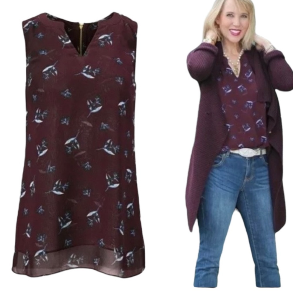 CAbi #3444 Burgundy and blue floral split neck top-medium